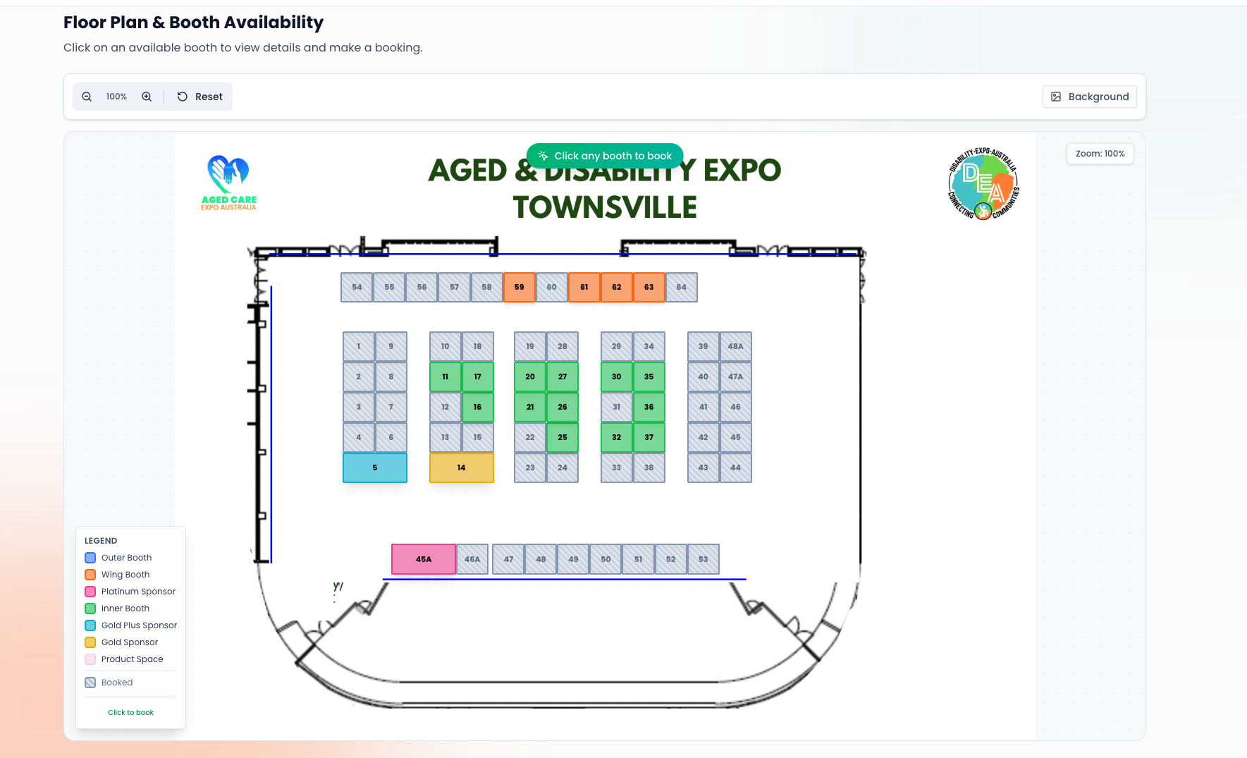 Public expo floor plan with the venue layout, rows of colour-coded booths and a Click-any-booth-to-book call out.